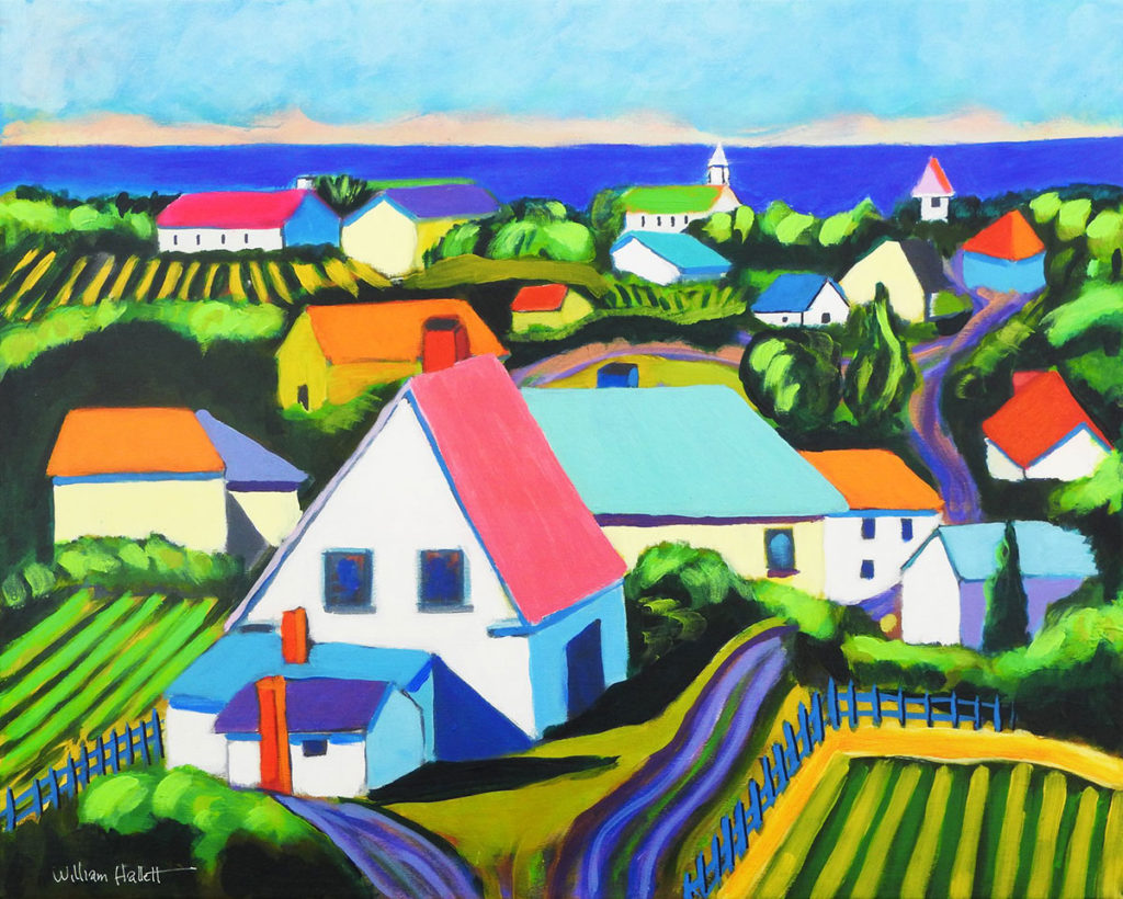 New work featured in Archipelago’s “Maine Life” gallery show includes “Maine Coastal Village” by William Hallett