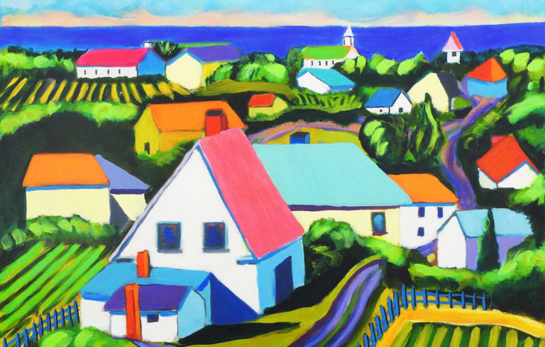 New work featured in Archipelago’s “Maine Life” gallery show includes “Maine Coastal Village” by William Hallett