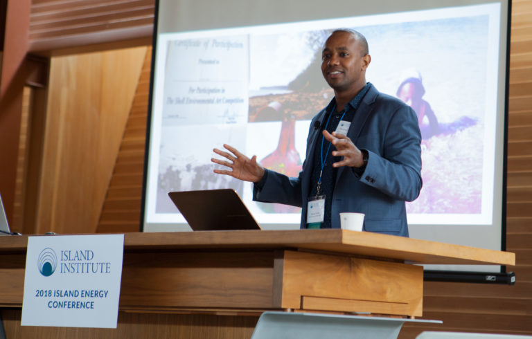 Caribbean energy expert Martyn Forde delivers the keynote address at the 2018 Island Energy Conference in South Portland.