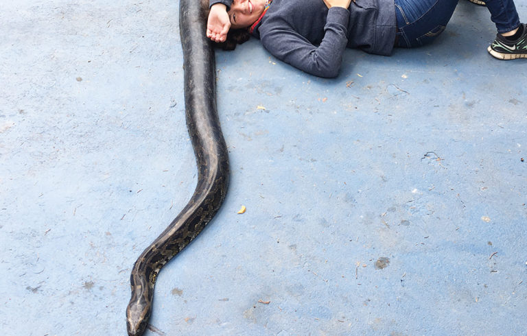 Andrea Shane poses with one of her patients at the Antigua Exotic rescue center in Antigua