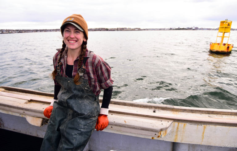 Colleen Francke aboard the lobster boat Linda Kate which fishes from Portland.