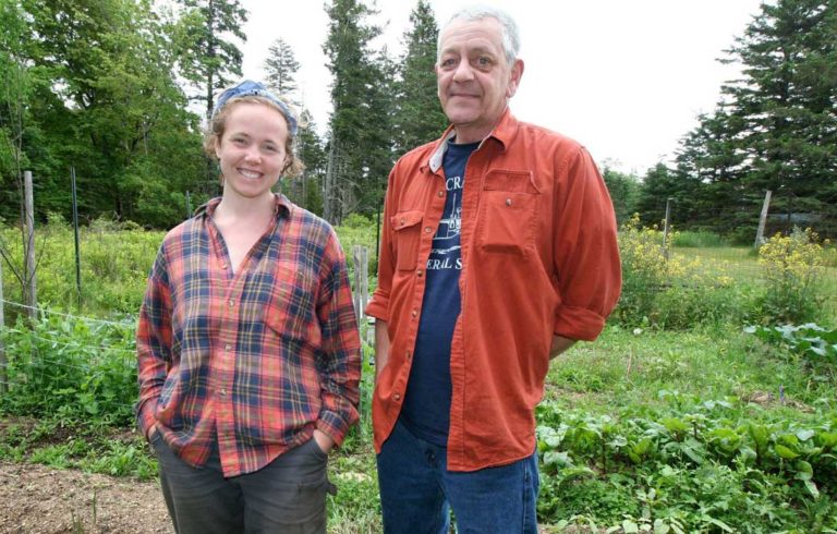 Landowner Mark Alley and Island Institute Fellow Jessi Duma at the garden Alley is allowing Duma and her colleagues to bring back after a long period of lying fallow.
