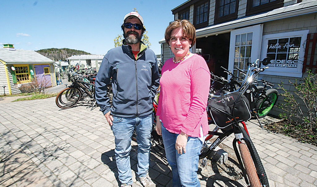 John Cabe and Anne Watson at the bicycle rental store in Bar Harbor.