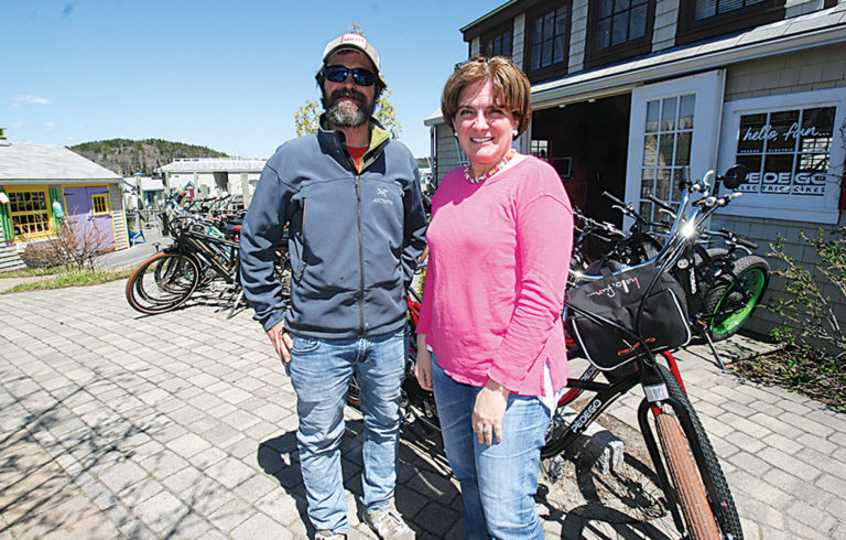 John Cabe and Anne Watson at the bicycle rental store in Bar Harbor.
