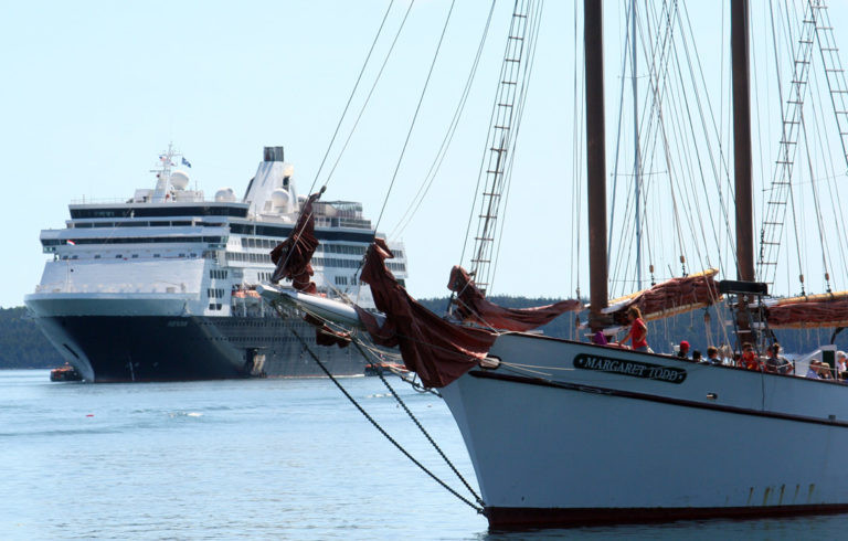 The Margaret Todd obscures the view of a cruise ship off Bar Harbor.