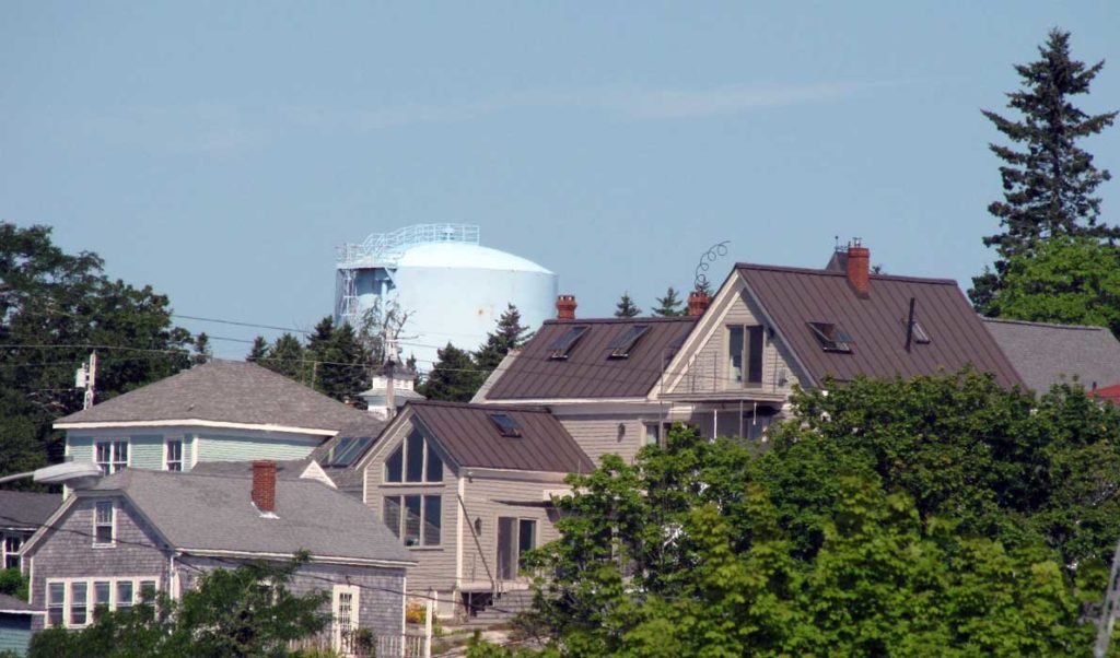 Stonington's water tower is visible above rooflines.