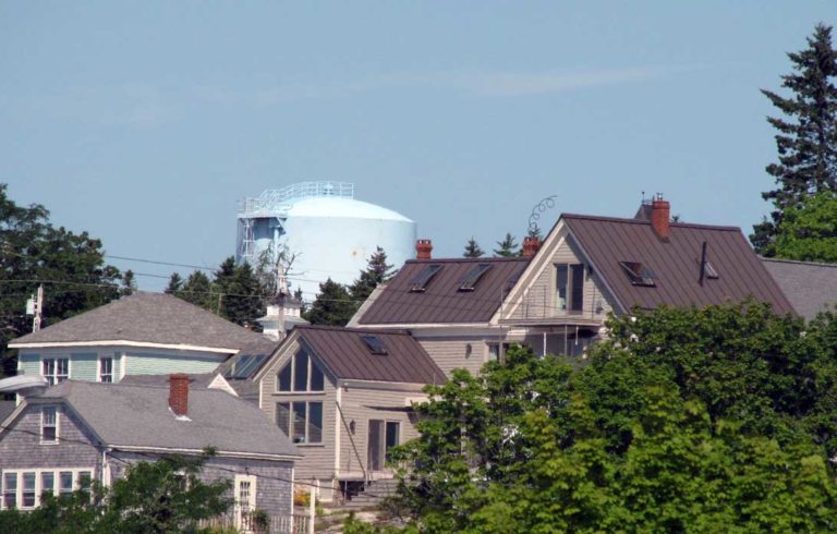 Stonington's water tower is visible above rooflines.