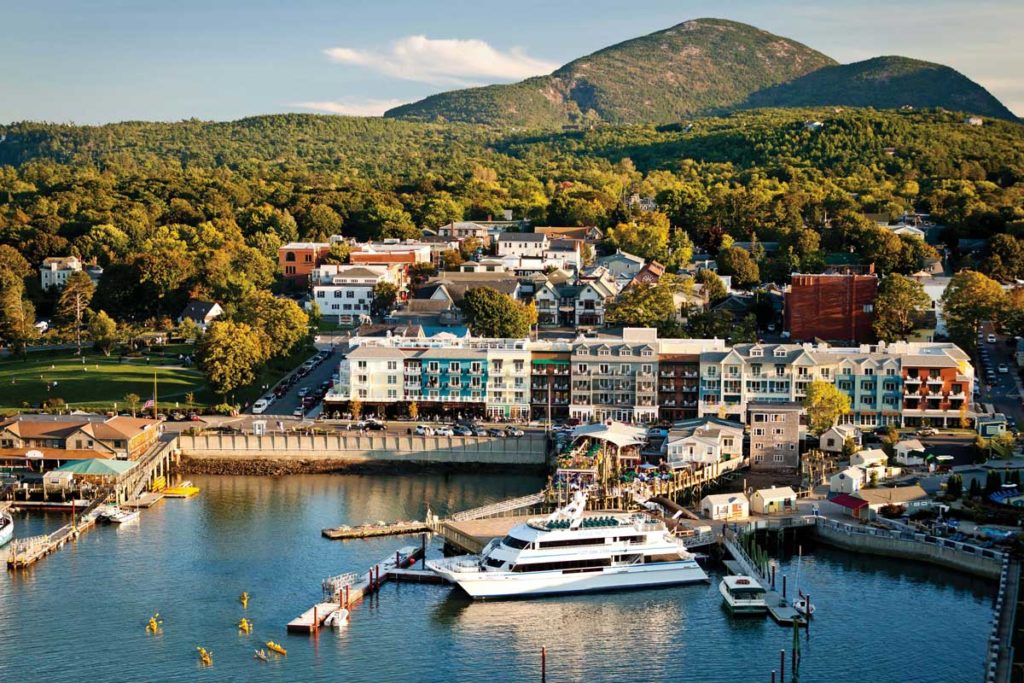 An aerial view of West Street in Bar Harbor shows the prominence of the West Street Hotel