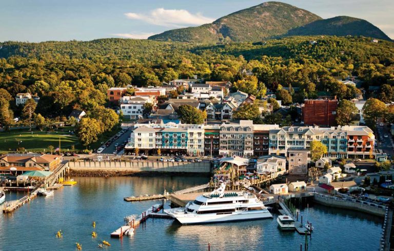 An aerial view of West Street in Bar Harbor shows the prominence of the West Street Hotel