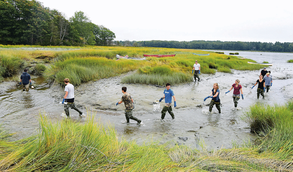 Brunswick High School  Marine Biology students test our their waders on their first day at the outdoor classroom on Maquoit Bay.