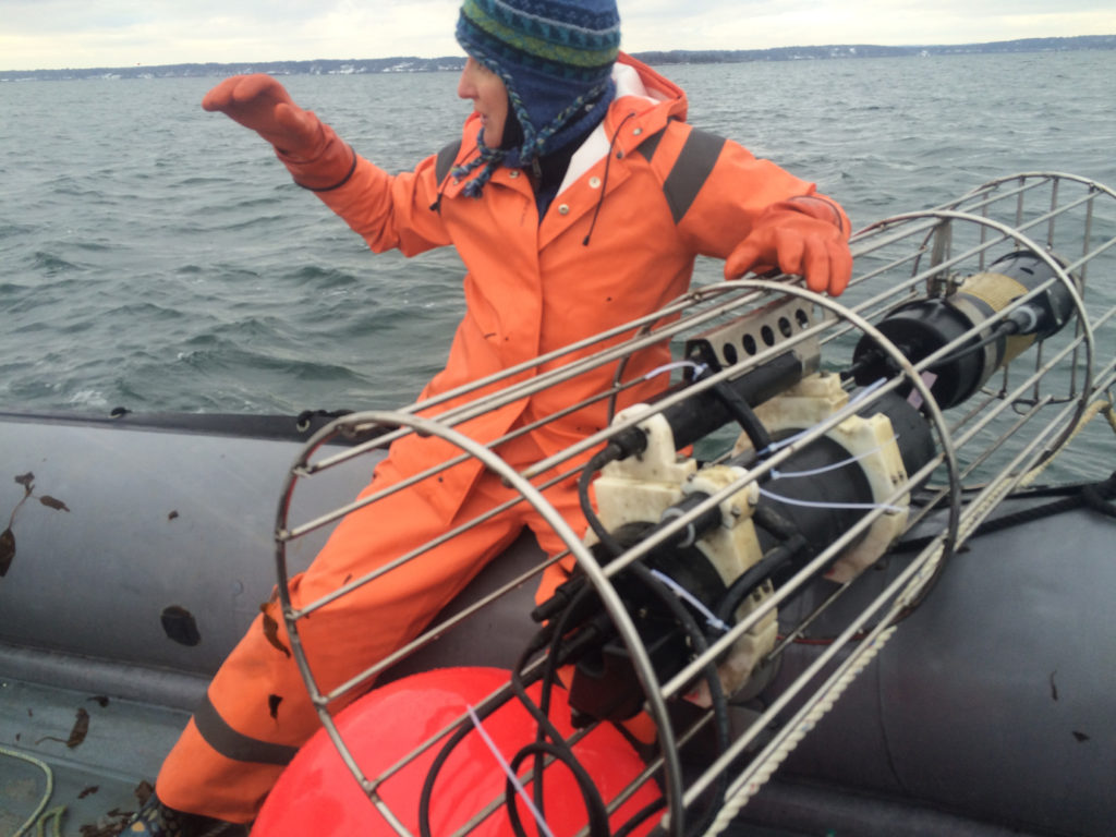 Susie Arnold explaining how instruments work at Paul Dobbins’ kelp farm off of Chebeague Island.