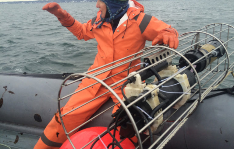 Susie Arnold explaining how instruments work at Paul Dobbins’ kelp farm off of Chebeague Island.