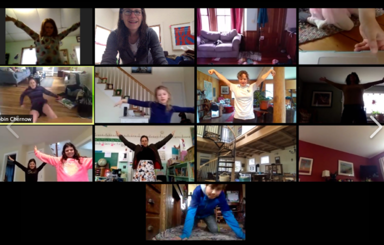 The TLC goes through its morning exercises with everyone logging in from home.
