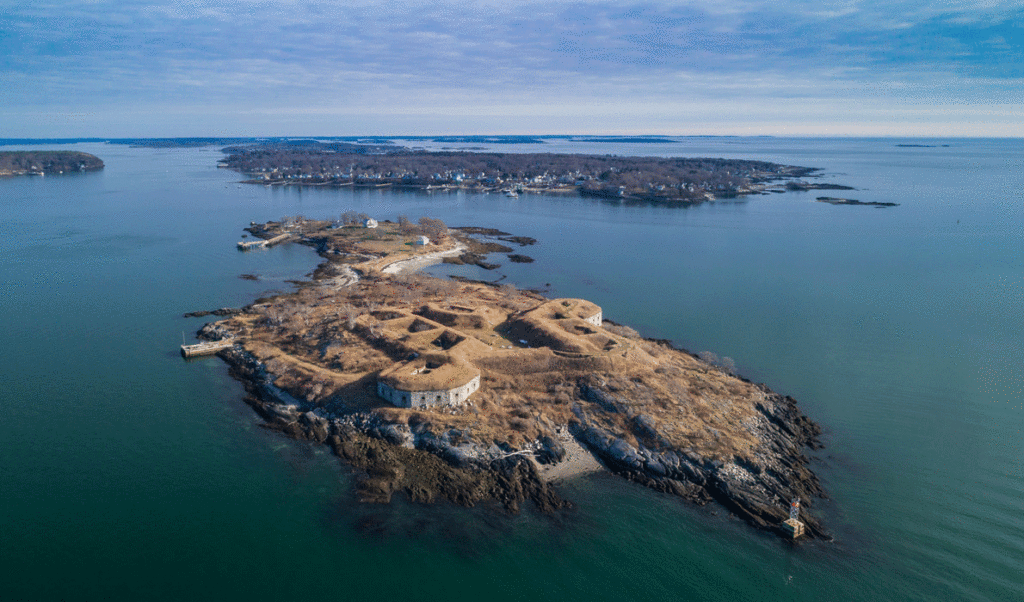 An aerial view of House Island in Casco Bay.