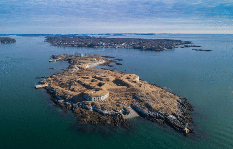 An aerial view of House Island in Casco Bay.