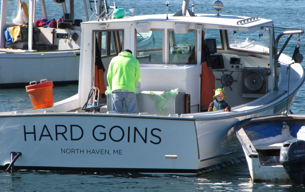 A lobsterman and his young helper in the Fox Islands Thorofare.