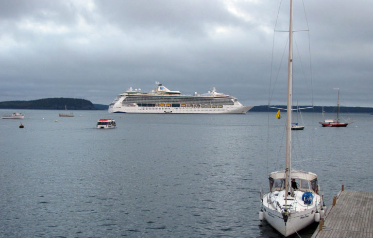 A tender carries passengers back to their cruise ship from Bar Harbor's town landing.