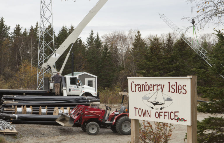 Axiom Technologies installs a tower on Islesford to link the broadband infrastructure between Great and Little Cranberry Islands.