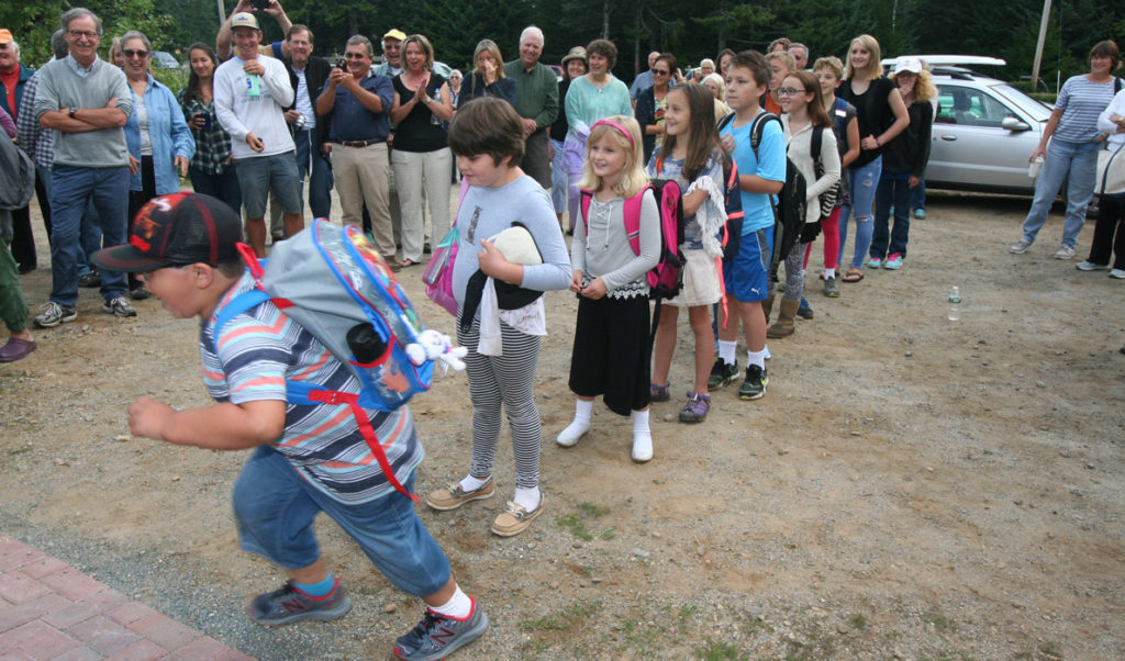 Students were eager to enter the reopened Longfellow School on Great Cranberry Island last September.
