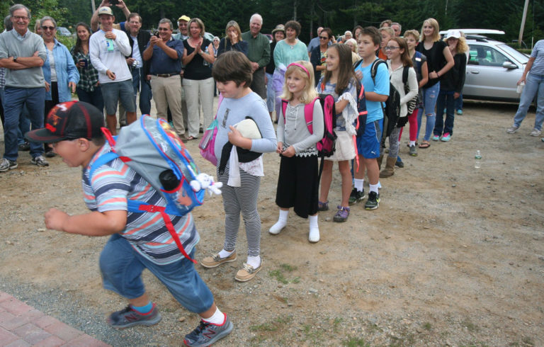 Students were eager to enter the reopened Longfellow School on Great Cranberry Island last September.