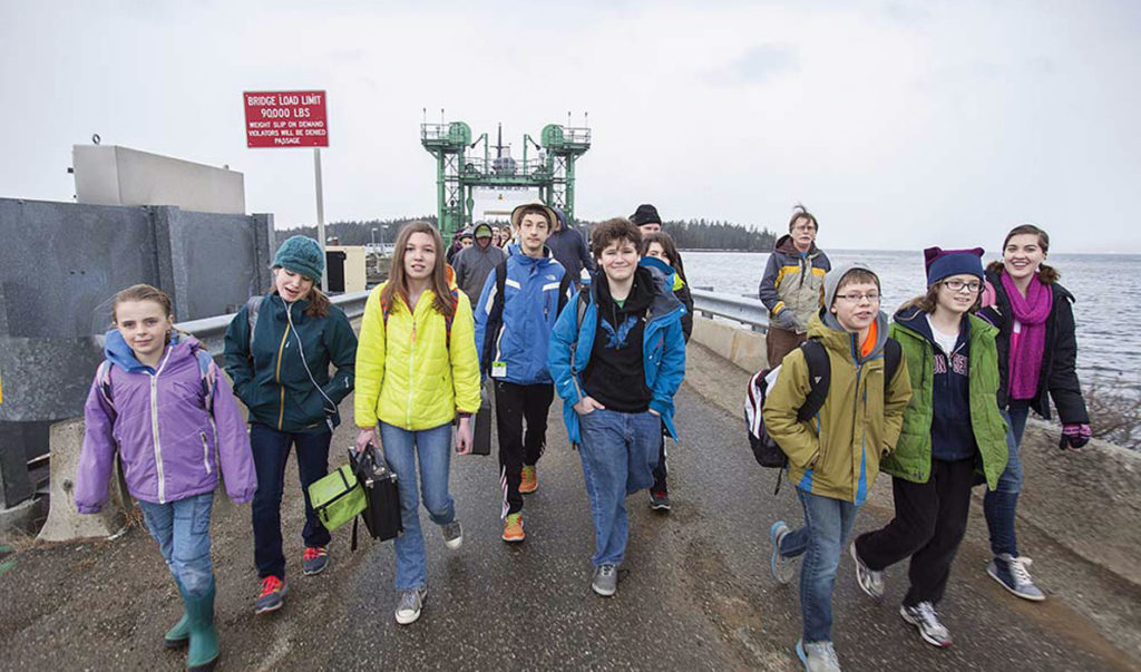 Students disembark from the ferry on Islesboro.