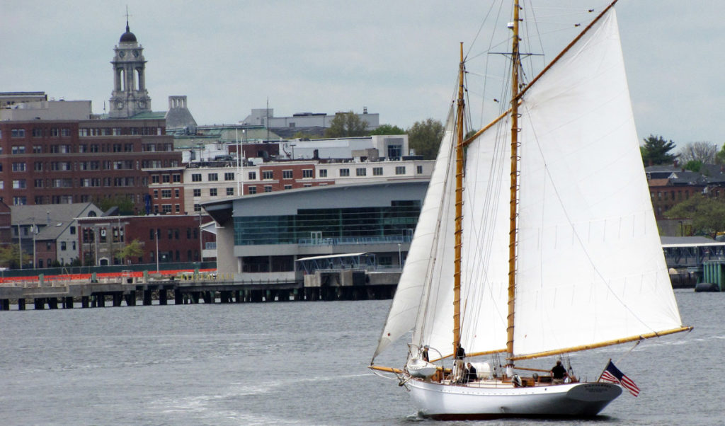 A sailboat approaches Portland's waterfront.