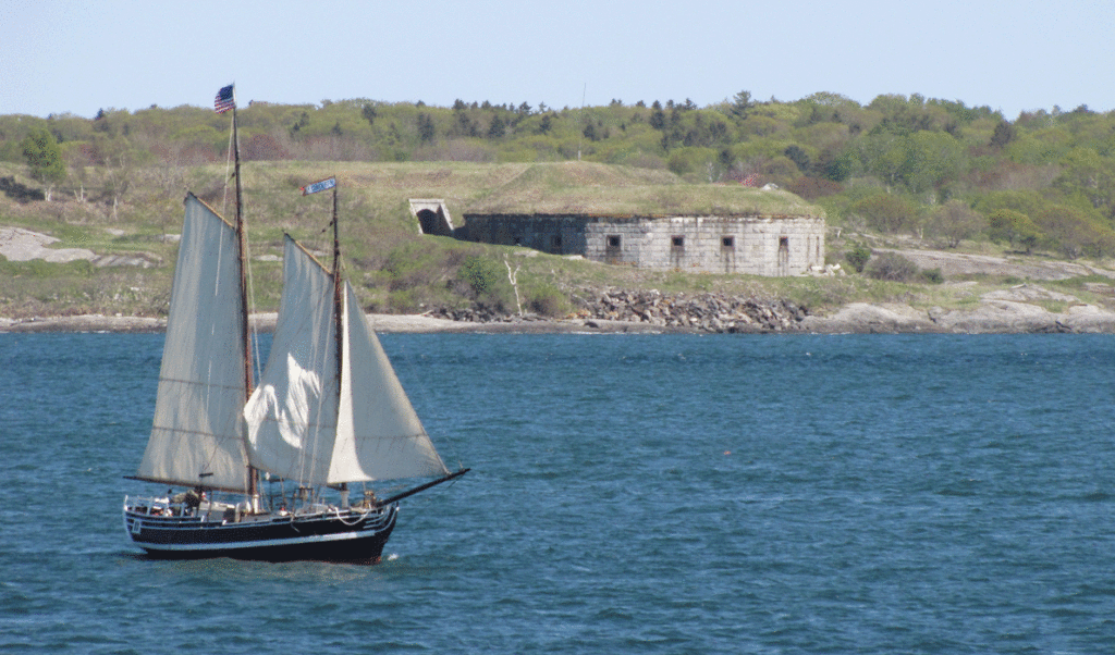 A sailboat off Fort Gorges in Casco Bay.