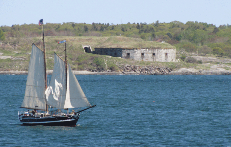 A sailboat off Fort Gorges in Casco Bay.