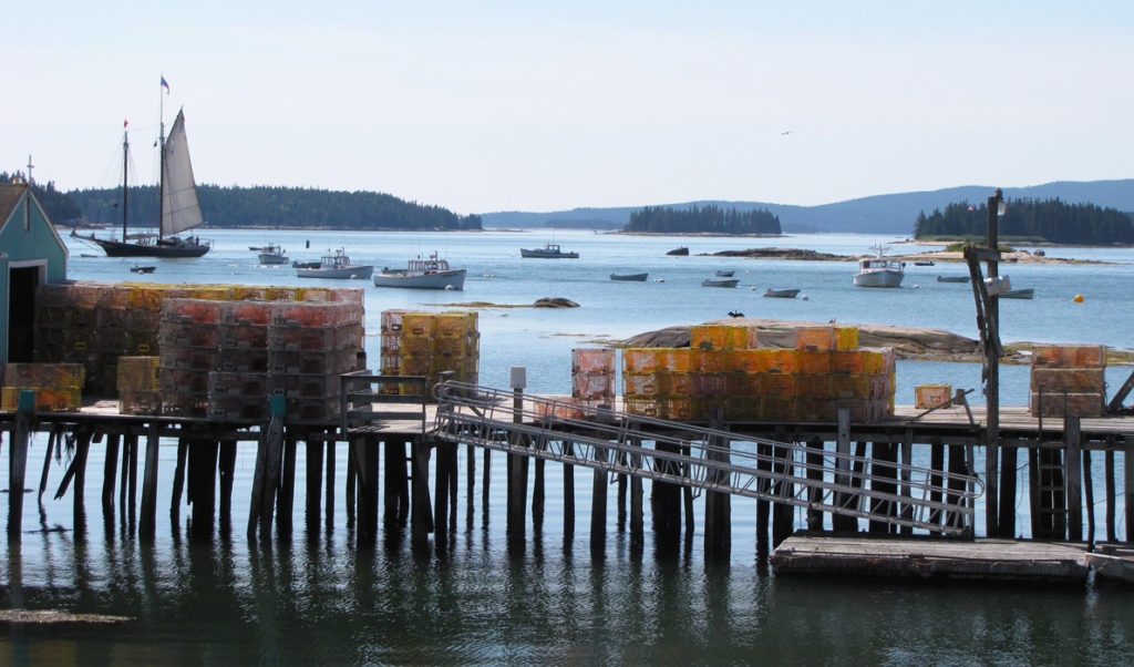 Traps stacked on a pier in Stonington.