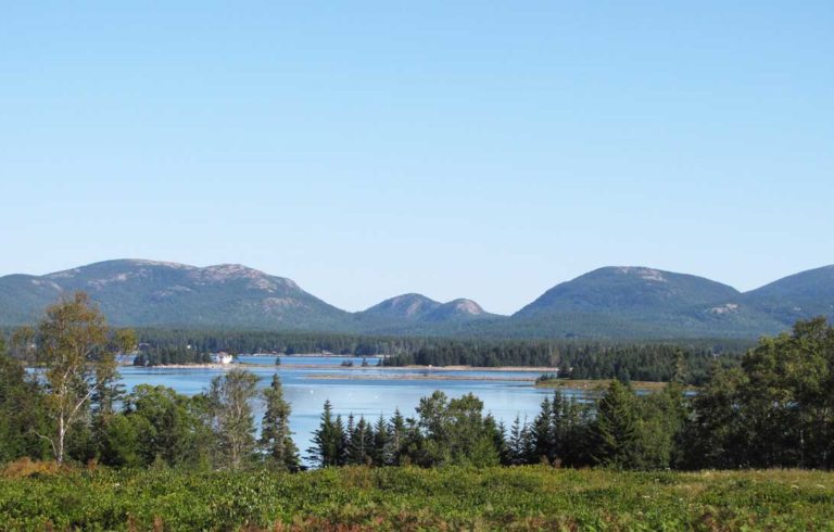 A view of Mount Desert Island and Acadia National Park from Great Cranberry Island.