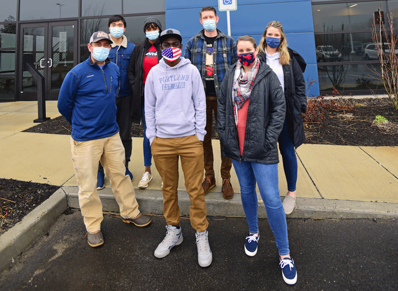 Ready Seafood’s 52,000-square-foot lobster processing facility in Saco, built in 2019, is the largest such operation in Maine. Front row, from left are Curt Brown, Francisco Bumba, and Lori Talbot. Back row, from left, Van Bo, Pamela Lukasa, Lee Stafford, and Korina Costanzo. PHOTO: KELLI PARK