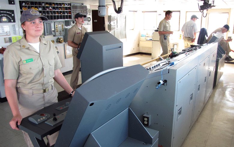 Students take turns standing watch aboard the State of Maine, Maine Maritime Academy's training vessel. FILE PHOTO: TOM GROENING