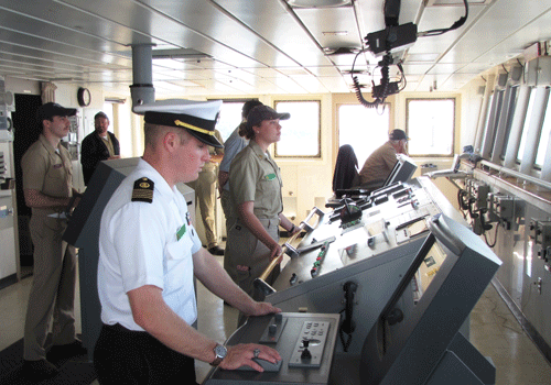 The bridge aboard the State of Maine, Maine Maritime Academy's training vessel, during a cruise in 2017.