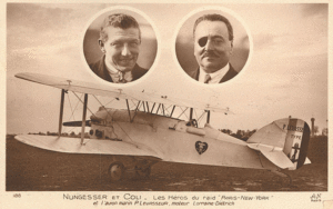 A postcard depicts Charles Nungesser and Francoise Coli, who some believe may have been the first to fly across the Atlantic.