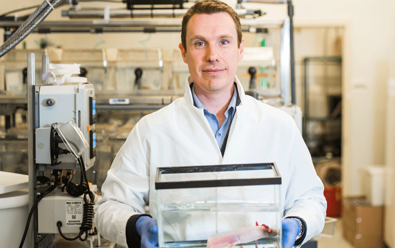 James Godwin, Ph.D., with axolotl. PHOTO: COURTESY MDI BIOLOGICAL LABORATORY