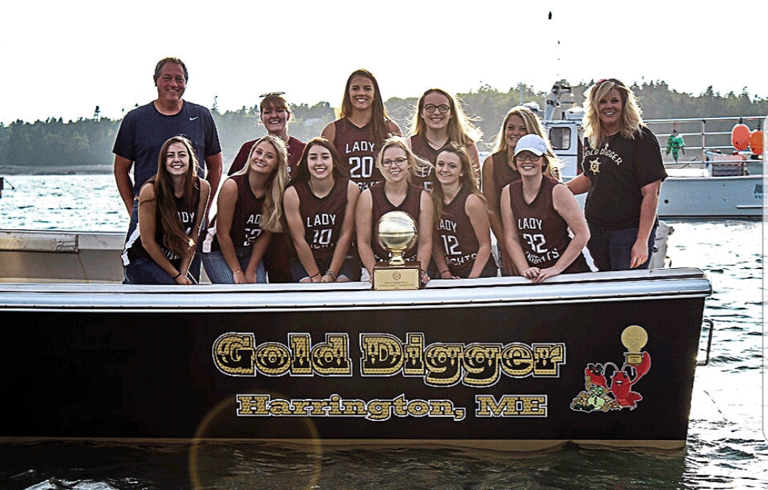 he Gold Ball-winning basketball team from Narraguagus High School, 2016, with their coach, the lobster fisherman "Olivia Marshall" in the book, whose real name is Heather Thompson (back row, far right). The team is aboard the fishing boat Thompson named in honor of the championship team. “Audrey Barton”—whose real name is Kelli Kennedy—is in the back row, third from left. “Mckenna Holt”—whose real name is Laniew Perry—is in the back row, next to Olivia Marshall.