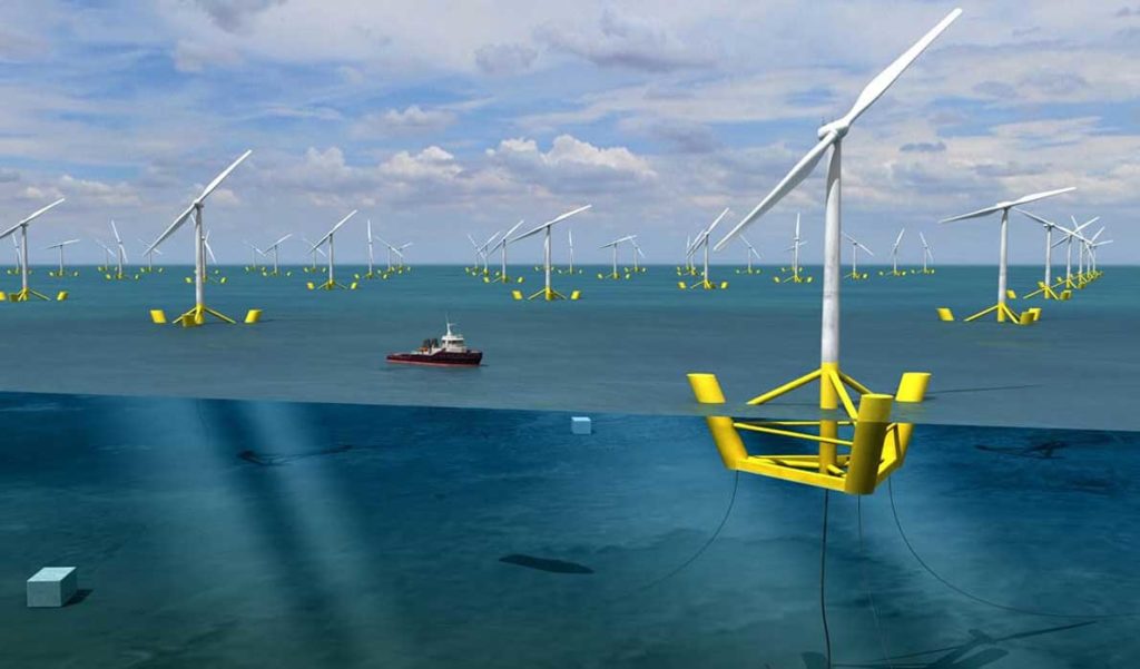 Artist rendering of floating wind turbines.