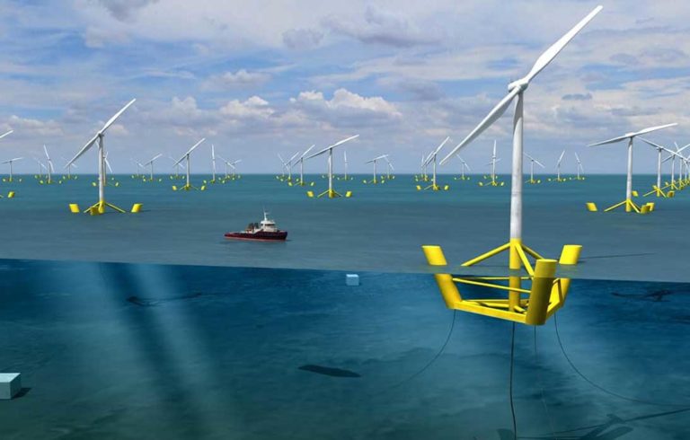 Artist rendering of floating wind turbines.