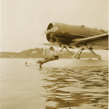 Charles Lindbergh comfortably splices line aboard the Lockheed Sirius before he and Anne depart the Fox Island Thoroughfare on their pioneering China flight. PHOTO: COURTESY NORTH HAVEN HISTORICAL SOCIETY