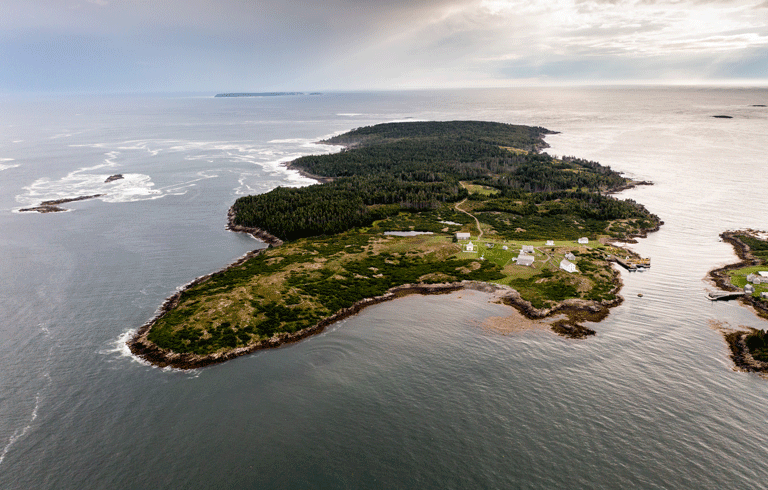 Allen Island, with part of Benner Island visible at right. Monhegan Island is also visible at the top of the image. PHOTO: COURTESY COLBY COLLEGE