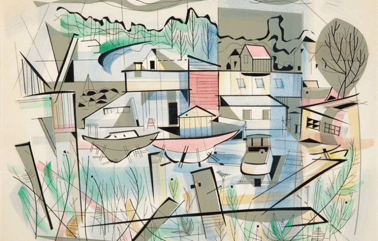 Francis Hamabe, Boat Yard, ca. 1960, watercolor and silkscreen on paper, 18 by 24 inches. Collection of Ellen Best and Geoffrey Anthony.