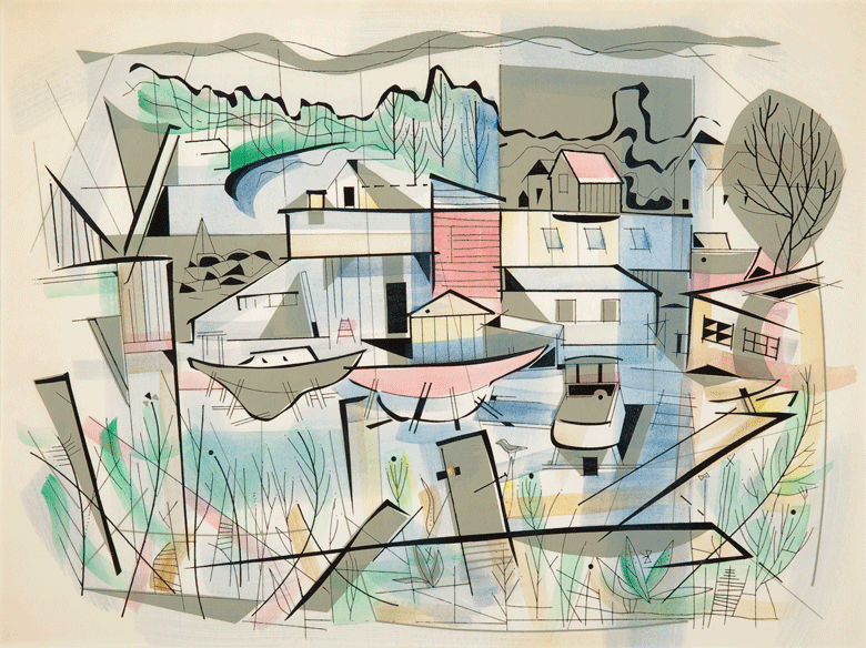 Francis Hamabe, Boat Yard, ca. 1960, watercolor and silkscreen on paper, 18 by 24 inches. Collection of Ellen Best and Geoffrey Anthony.