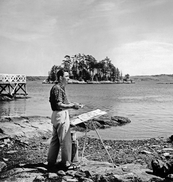 Francis Hamabe painting in watercolor near his home in South Blue Hill, May 1954.