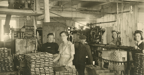 The North American sardine industry began in Eastport in 1876, peaking with 18 factories employing hundreds of people in the work of slicing and canning the fish. Men, women, and children toiled at the often-difficult work, sometimes working shifts that started in the early morning and didn't end until late at night.