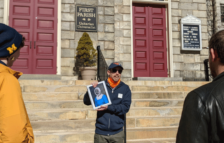 Murphy in front of the First Parish Church in Portland during one of his walking tours. PHOTO: COURTESY DUGAN MURPHY