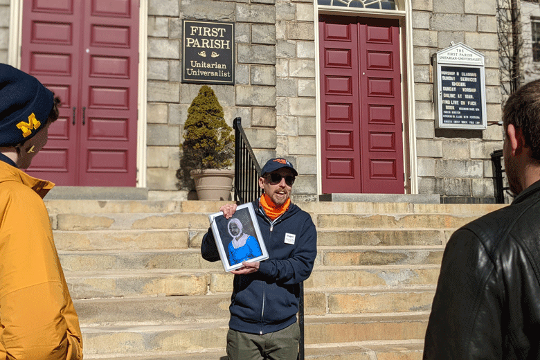 Murphy in front of the First Parish Church in Portland during one of his walking tours. PHOTO: COURTESY DUGAN MURPHY