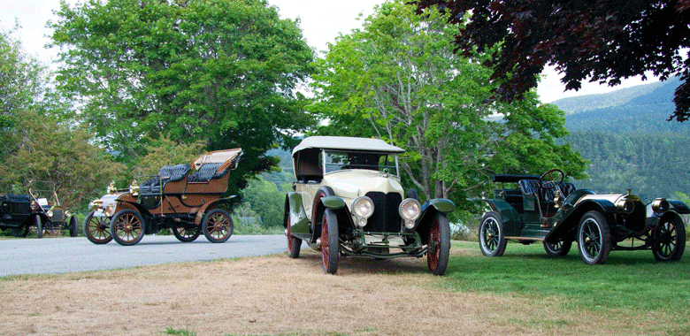 Some of the cars featured at the Seal Cove Auto Museum would have been seen on the roads of Mount Desert Island in the early 20th century, much to the consternation of some residents. From left: 1912 Ford Model T, 1904 Knox, 1915 FRP, and 1910 Pierce Arrow. PHOTO: COURTESY SEAL COVE AUTO MUSEUM