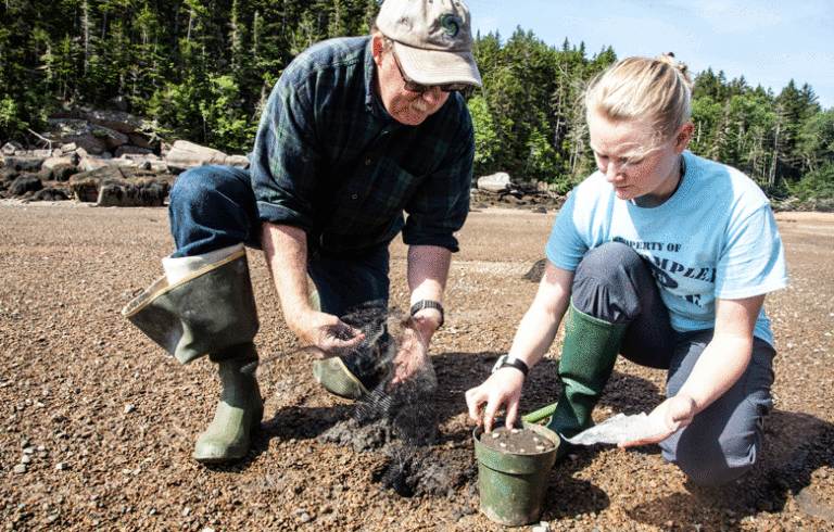 Dr. Brian Beal of the Downeast Institute on Beals Island works with Madeline Williams setting up a test pot for softshell clams.