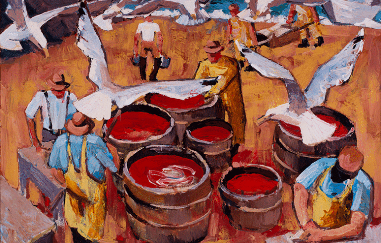 James Fitzgerald, “Saltin' Mackerel ca. 1960, oil on canvas, 30 by 40 inches. Monhegan Museum of Art and History, promised gift of Stephen S. Fuller and Susan D. Bateson