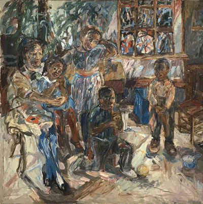 “Family Gathering, Tremont Avenue, Bronx, NY” (1962) 48-inches by 48-inches, gift of the Ashley Bryan Center.